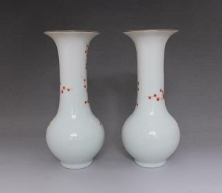 OLD PAIR CHINESE FAMILLE ROSE PORCELAIN FLOWER GU VASES QIANLONG MARKED (E89) 2