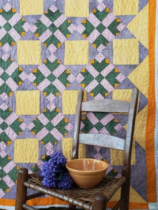Glowing Yellow Purple Green 19th C Antique Goose Tracks Quilt 83x75