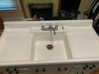 Vintage Antique White Enamel Cast Iron Kitchen Sink with Metal Cabinet 2