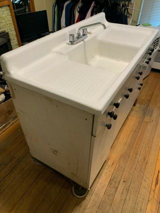 Vintage Antique White Enamel Cast Iron Kitchen Sink with Metal Cabinet 4