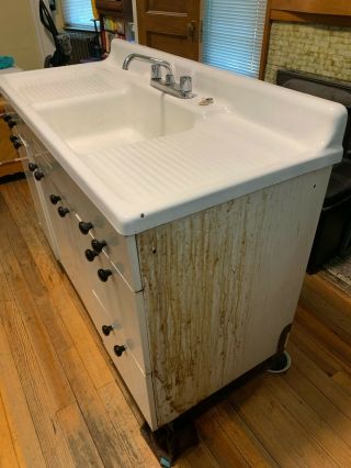 Vintage Antique White Enamel Cast Iron Kitchen Sink with Metal Cabinet 5