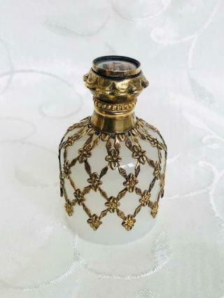 Antique French White Opaline Gilt Ormolu Perfume Scent Bottle Eglomise Painting