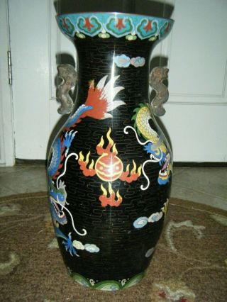 Large Black Cloisonne Dragon Vase Over Copper Old Over 17 " Tall