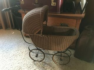 Vintage Baby Doll Carriage Pram Stroller Wicker/resin Adjustable Canopy