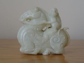 C.  19th - Antique Chinese White Jade Carved Monkey Riding Horse