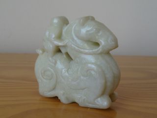 c.  19th - Antique Chinese White Jade Carved Monkey Riding Horse 8