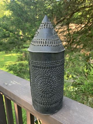 Antique 1800s Pierced & Punched Tin Candle Lantern,  Early Primitive