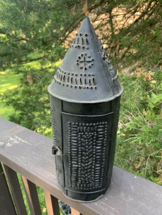 Antique 1800s Pierced & Punched Tin Candle Lantern,  Early Primitive 3