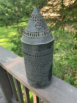 Antique 1800s Pierced & Punched Tin Candle Lantern,  Early Primitive 4