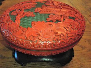 Vintage Chinese Carved Lacquer Cinnabar Round Box 64cons - 1