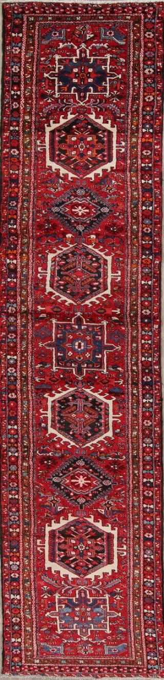 Vintage Geometric Tribal Red Gharajeh Persian Oriental Long Runner Rug Wool 3x15