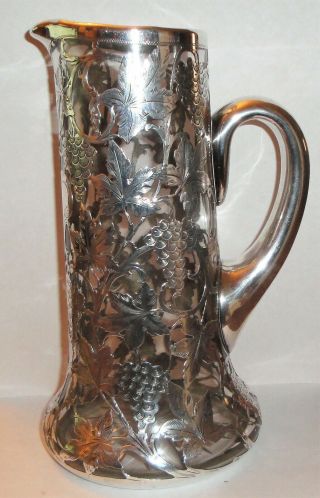 Antique Alvin Claret Jug Decanter Pitcher Clear Glass & Sterling Silver Overlay