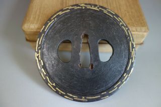 Tsuba Samurai Aizu shoami edge thick gold inlay Sword fitting katana Edo w/box 3