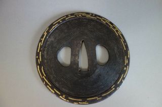 Tsuba Samurai Aizu shoami edge thick gold inlay Sword fitting katana Edo w/box 7