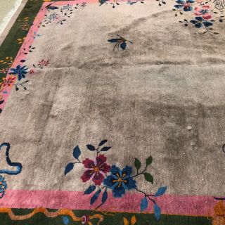 Antique Nichols Art Deco Chinese Oriental Rug.  Gray with Butterfly,  Koi & Vases 10