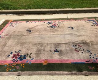 Antique Nichols Art Deco Chinese Oriental Rug.  Gray with Butterfly,  Koi & Vases 11