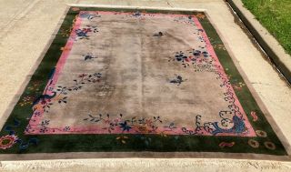 Antique Nichols Art Deco Chinese Oriental Rug.  Gray With Butterfly,  Koi & Vases