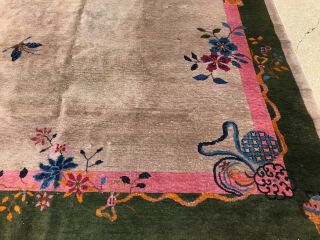 Antique Nichols Art Deco Chinese Oriental Rug.  Gray with Butterfly,  Koi & Vases 2