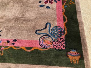 Antique Nichols Art Deco Chinese Oriental Rug.  Gray with Butterfly,  Koi & Vases 3