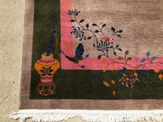 Antique Nichols Art Deco Chinese Oriental Rug.  Gray with Butterfly,  Koi & Vases 5