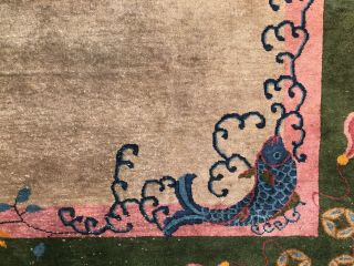 Antique Nichols Art Deco Chinese Oriental Rug.  Gray with Butterfly,  Koi & Vases 8
