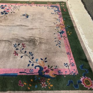 Antique Nichols Art Deco Chinese Oriental Rug.  Gray with Butterfly,  Koi & Vases 9