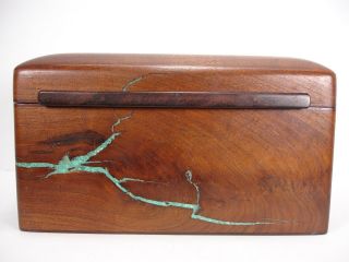 VINTAGE 1997 MICHAEL A MOORE MESQUITE WOOD BOX WITH TURQUOISE INLAY 2