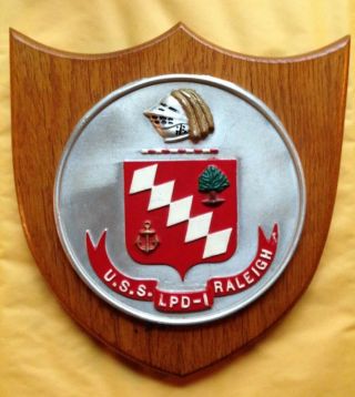 1960s 1970s Uss Raleigh Lpd - 1 Wall Plaque,  U.  S.  Navy,  Painted Metal On Wood