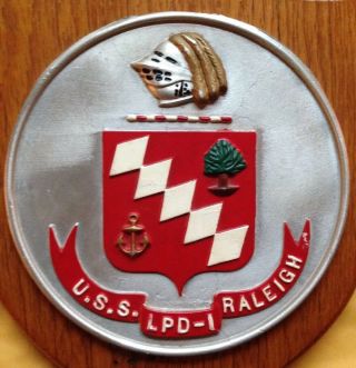 1960s 1970s USS RALEIGH LPD - 1 WALL PLAQUE,  U.  S.  NAVY,  PAINTED METAL on WOOD 2