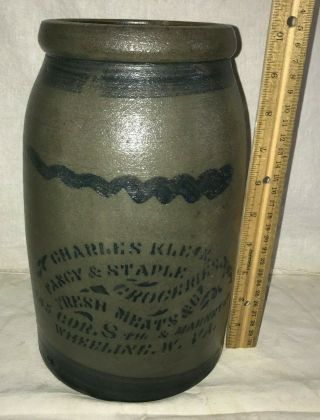 Antique Charles Klein Grocer Meat Ad Wheeling Wv Salt Glazed Stoneware Crock Jar