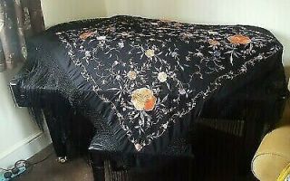 Stunning Large Fringed 1920s Exquisite Hand Embroidered Silk Piano Shawl Wrap