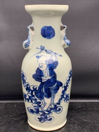 Antique Chinese Porcelain Blue White On Green Glaze Vase 19th Century