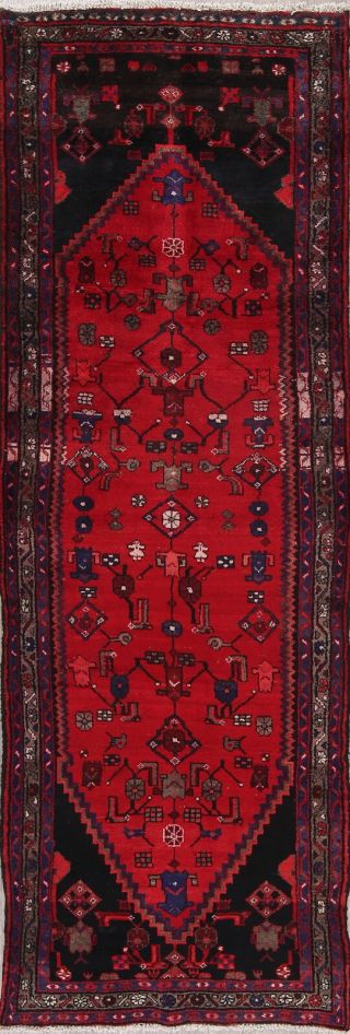 Vintage Geometric Red 10 Ft Runner Hamedan Persian Tribal Wool Rug 9 