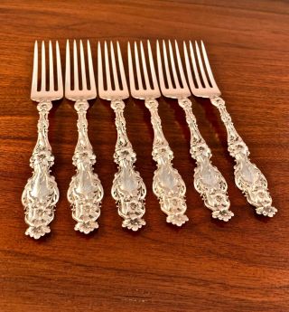 (6) Whiting Sterling Silver Dinner Forks Lily Pattern 1902,  Old Mark 7 5/8 "