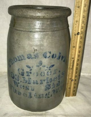 Antique Thomas Colvin Grocers Adv Wheeling Wv Salt Glazed Stoneware Crock Jar