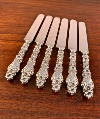 (6) Whiting Sterling Silver Dinner Knives Lily Pattern 1902,  Old Mark 9 5/8 "