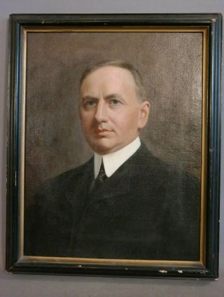 Ca.  1930 Antique Art Deco Era Distinguished Gentleman Old Oil Portrait Painting