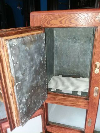 Antique Oak Ice Box Belding Hall Company One - Piece Seamless Porcelain Lined 7