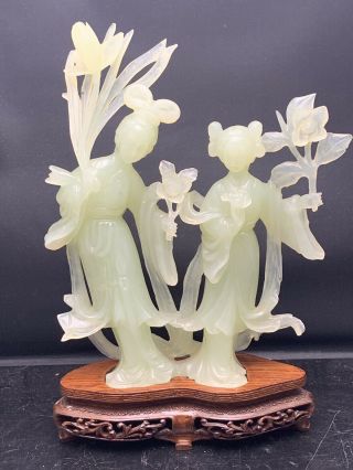 Rare Chinese Antique Carved Jade Group With Wood Stand 19/20th Century