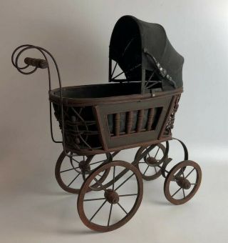 Vintage Baby Doll Pram Carriage Stroller Wicker And Canvas Wood Wheels