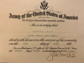 Wwi 1918 Us Army Kia Document Military War Department President Usa Infantry