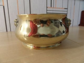 Heavy Solid Brass Chinese Bowl With Grotesque Heads On Sides,  6 " Wide
