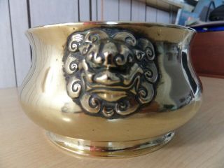 HEAVY SOLID BRASS CHINESE BOWL WITH GROTESQUE HEADS ON SIDES,  6 