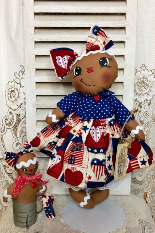 Primitive Gingerbread Doll Patriotic Americana Usa With Baby Ornie Shelf Sitter