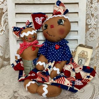 Primitive Gingerbread Doll Patriotic Americana USA with Baby Ornie Shelf Sitter 3