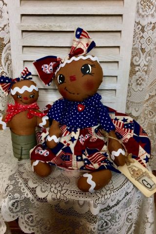 Primitive Gingerbread Doll Patriotic Americana USA with Baby Ornie Shelf Sitter 5