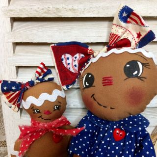 Primitive Gingerbread Doll Patriotic Americana USA with Baby Ornie Shelf Sitter 6