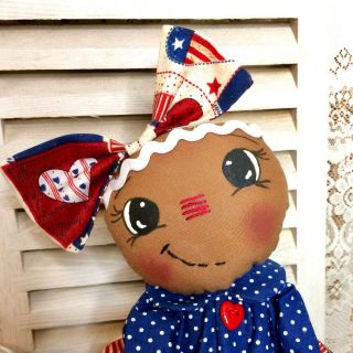 Primitive Gingerbread Doll Patriotic Americana USA with Baby Ornie Shelf Sitter 7