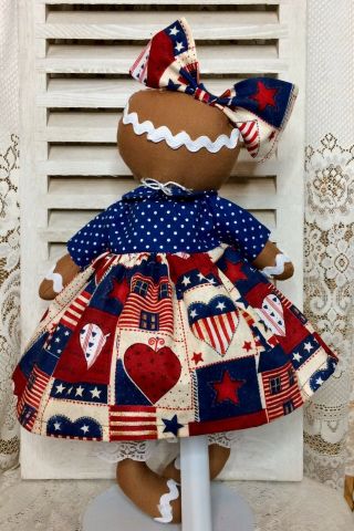 Primitive Gingerbread Doll Patriotic Americana USA with Baby Ornie Shelf Sitter 8