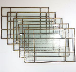 5 Vtg Arts & Crafts Deco Beveled Brass Lead Glass Window Panels Salvage Euc